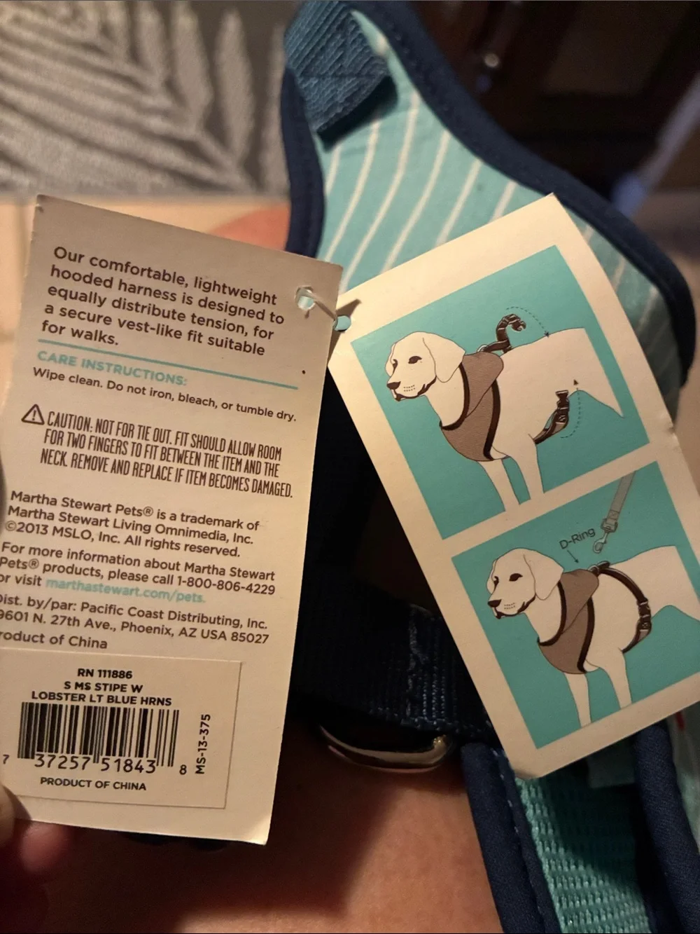 Martha Stewart Pets Light Blue Striped Swim Harness with Red Crab